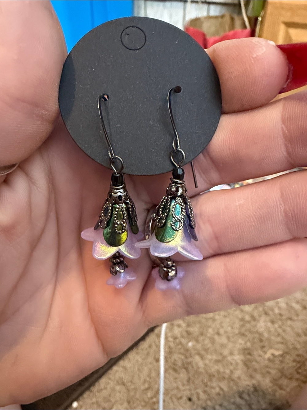 Delicate Purple Flower Drop Earrings - Iridescent Green Accents